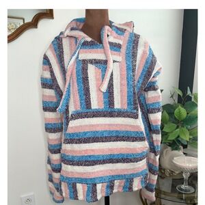 Striped Baja Hoodie Delmex Pullover Drug Rug Festival Bohemian Pink Blue